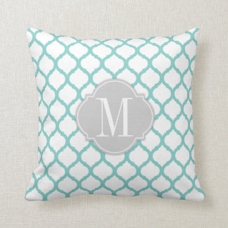 Aqua blue & White Moroccan Pattern with Monogram Cushion