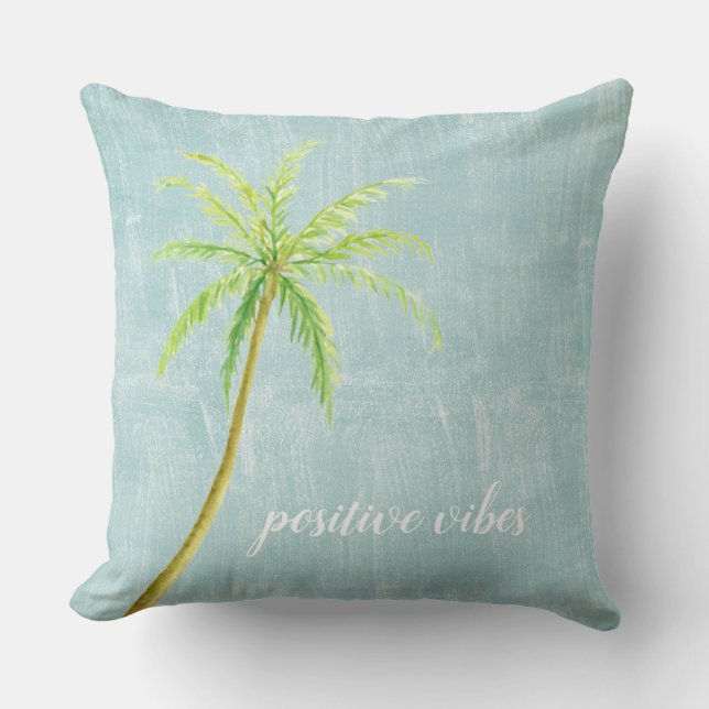 Aqua Blue White Ocean Shore Palm Tree Cushion (Front)