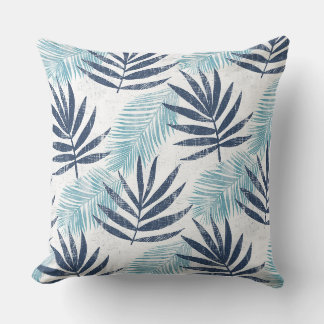 Aqua Blue White Palm Leaf Throw Pillow