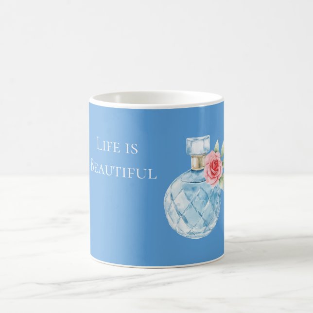 Aqua Blue White Perfume Bottle Rose Coffee Mug (Center)