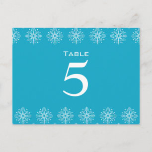 Aqua blue + white snowflakes wedding table number postcard