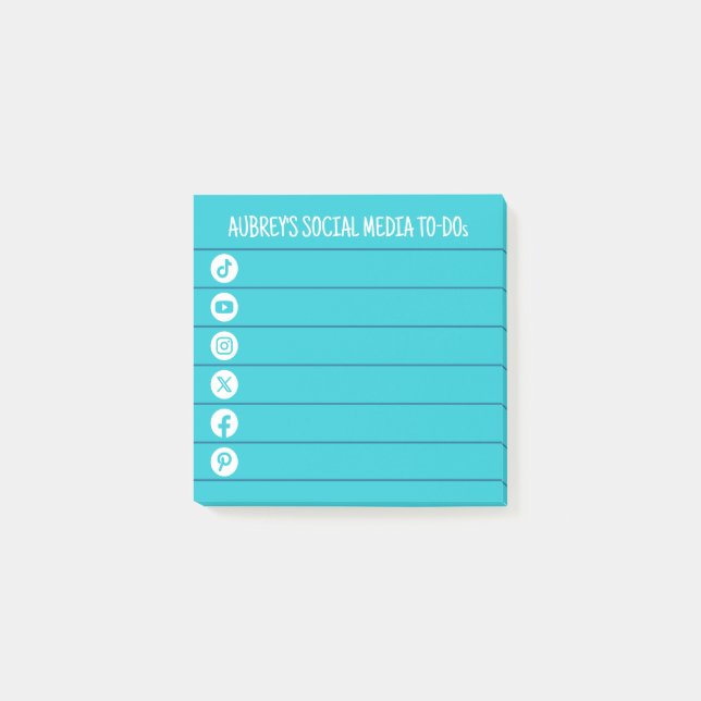 Aqua Blue & White Social Media To Do List Post-it Notes (Front)
