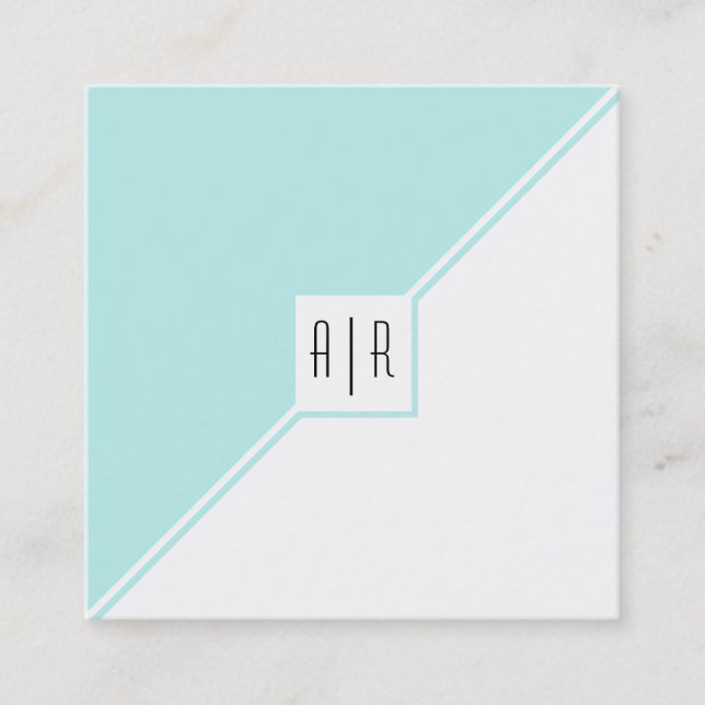 Aqua blue, white triangles and monogram modern square business card (Front)