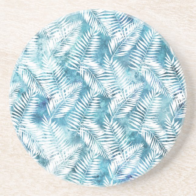 Aqua Blue White Tropical Leaves   Coaster (Front)
