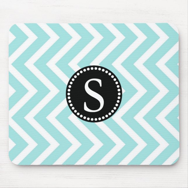 Aqua Blue & White Zigzag Pattern Black Monogram Mouse Pad (Front)