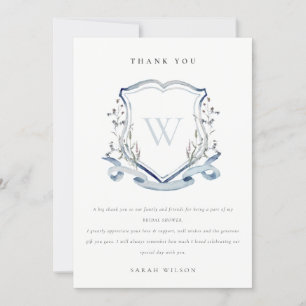Aqua Blue Wildflower Monogram Crest Bridal Shower Thank You Card