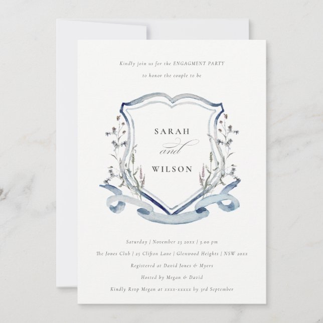 Aqua Blue Wildflower Watercolor Crest Engagement Invitation (Front)