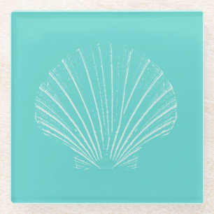 Aqua Blue with White Sea Shell Glass Coaster
