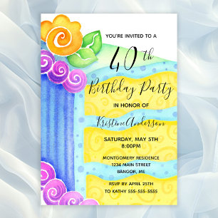 Aqua Blue Yellow Cake Floral 40th Birthday Party Invitation