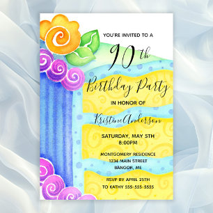 Aqua Blue Yellow Cake Floral 90th Birthday Party  Invitation