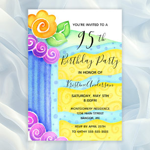 Aqua Blue Yellow Cake Floral 95th Birthday Party Invitation