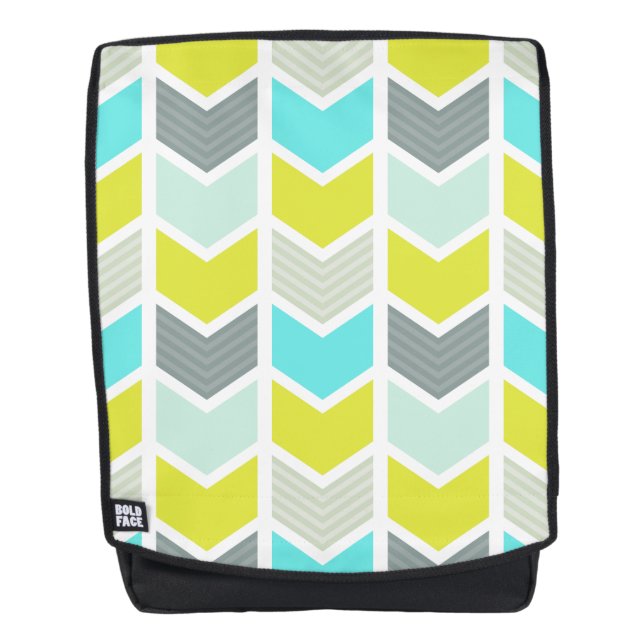 Aqua Blue Yellow Grey Geometric Chevron Pattern Backpack (Front)
