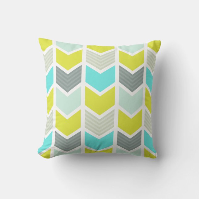 Aqua Blue Yellow Grey Geometric Chevron Pattern Cushion (Front)