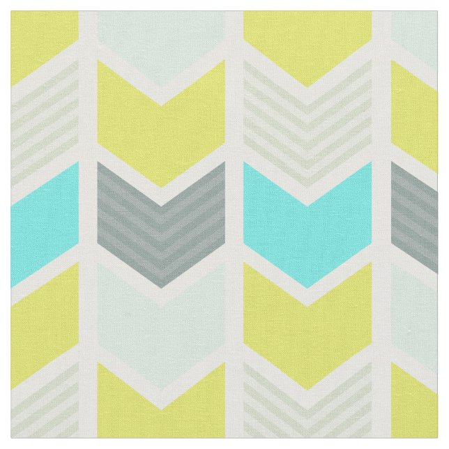 Aqua Blue Yellow Grey Geometric Chevron Pattern Fabric (Close Up)