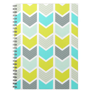Aqua Blue Yellow Grey Geometric Chevron Pattern Spiral Notebook