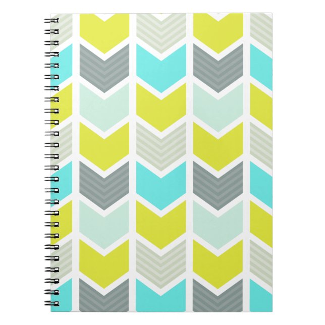 Aqua Blue Yellow Grey Geometric Chevron Pattern Spiral Notebook (Front)