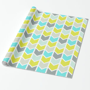 Aqua Blue Yellow Grey Geometric Chevron Pattern Wrapping Paper
