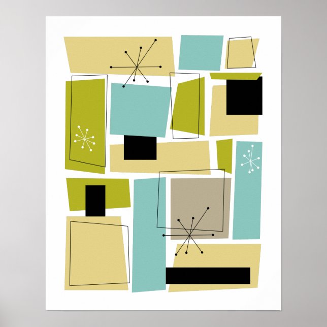 Aqua Blue Yellow Rectangles Starburst Mid Century Poster (Front)