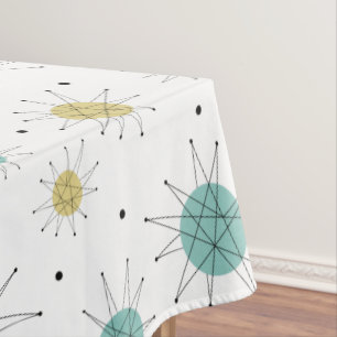 Aqua Blue Yellow Starburst Mid Century Pattern Tablecloth