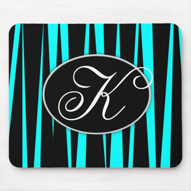 Aqua Blue Zebra Stripes Monogrammed Mouse Pads (Front)