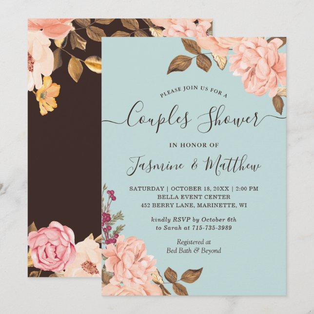 Aqua Blush Floral Couples Shower Invitation (Front/Back)