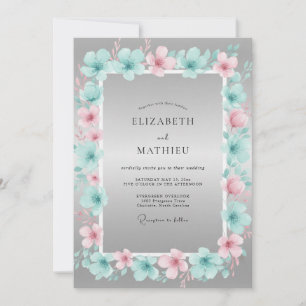 Aqua Blush Hibiscus Eucalyptus Wedding Invitation