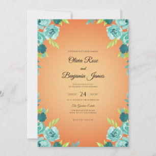 Aqua Blush Peach Leafy Wedding Invitation