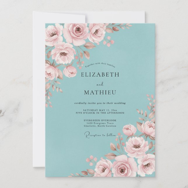 Aqua Blush Pink Ranunculus Eucalyptus Wedding Invitation (Front)