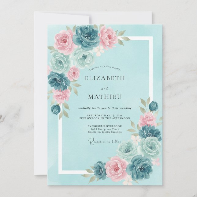 Aqua Blush Ranunculus Eucalyptus Wedding Invitation (Front)