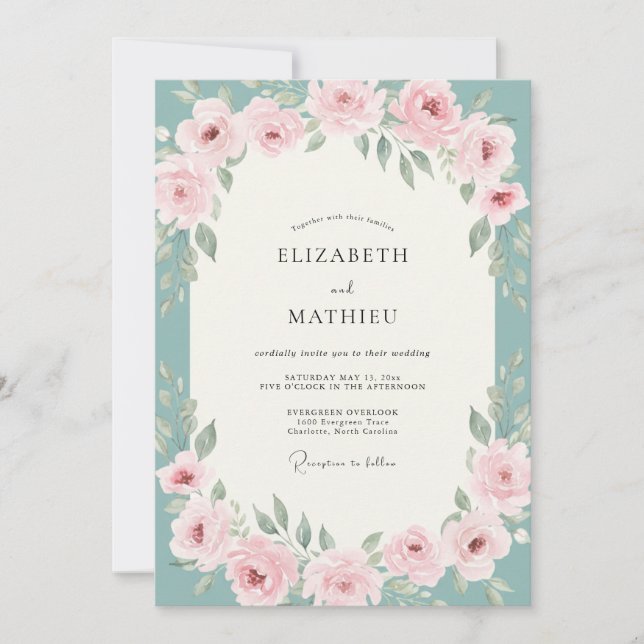 Aqua Blush Rose Wedding Invitation (Front)