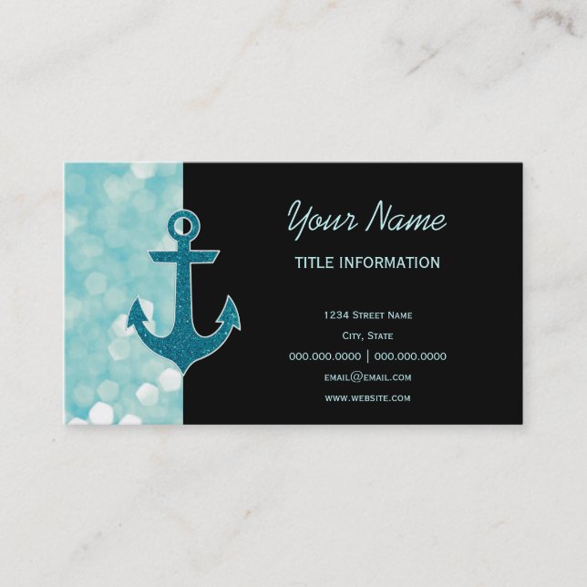 Aqua Bokeh Nautical Glitter Anchor Business Card (Front)