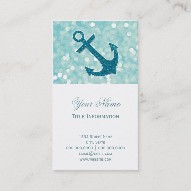 Aqua Bokeh Nautical Glitter Anchor Business Card (Front)