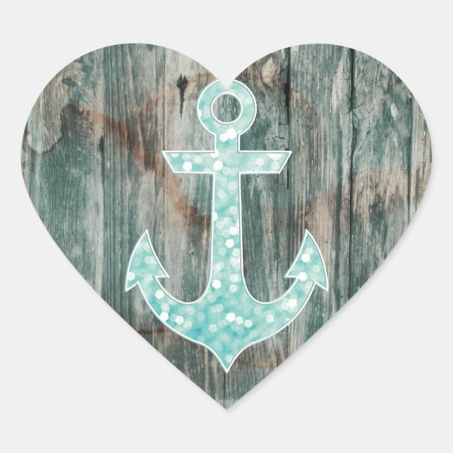 Aqua Bokeh Nautical Glitter Anchor on Wood Heart Sticker (Front)