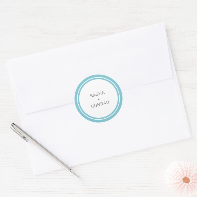 Aqua Bold Border Modern Wedding Classic Round Sticker (Envelope)