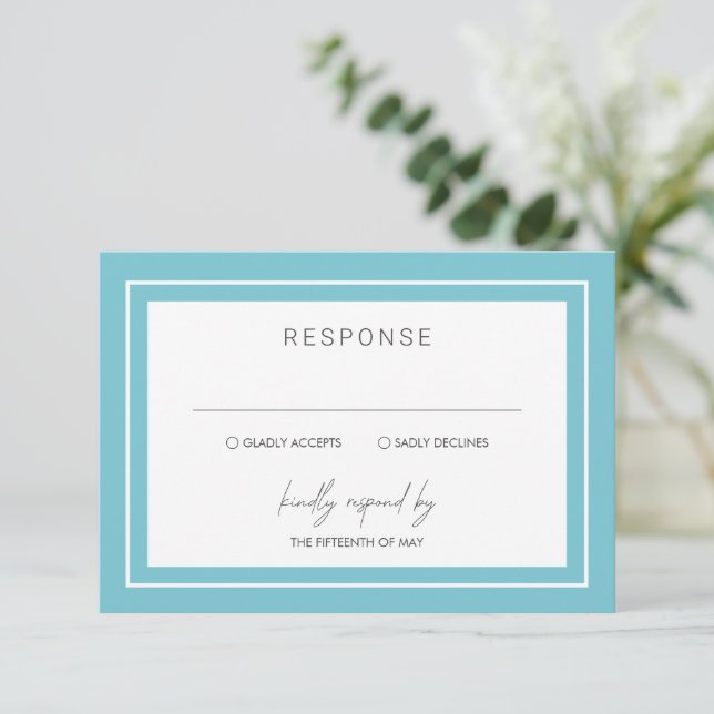 Aqua Bold Border Modern Wedding RSVP Card (Standing Front)