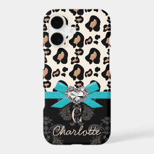 Aqua Bow Heart Shaped Faux Bling Leopard Print