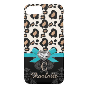 Aqua Bow Heart Shaped Faux Bling Leopard Print iPhone 8/7 Case