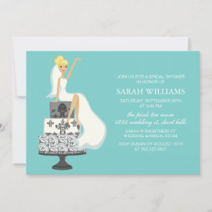 Aqua Bride on Wedding Cake Invitation
