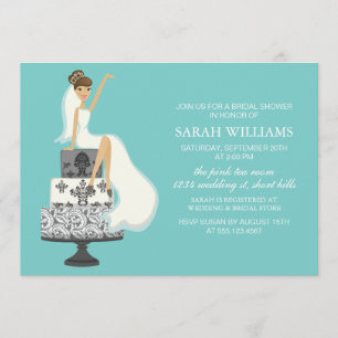 Aqua Bride on Wedding Cake Invitation