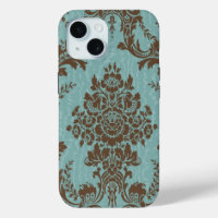 Aqua brown damask Case-Mate iPhone case