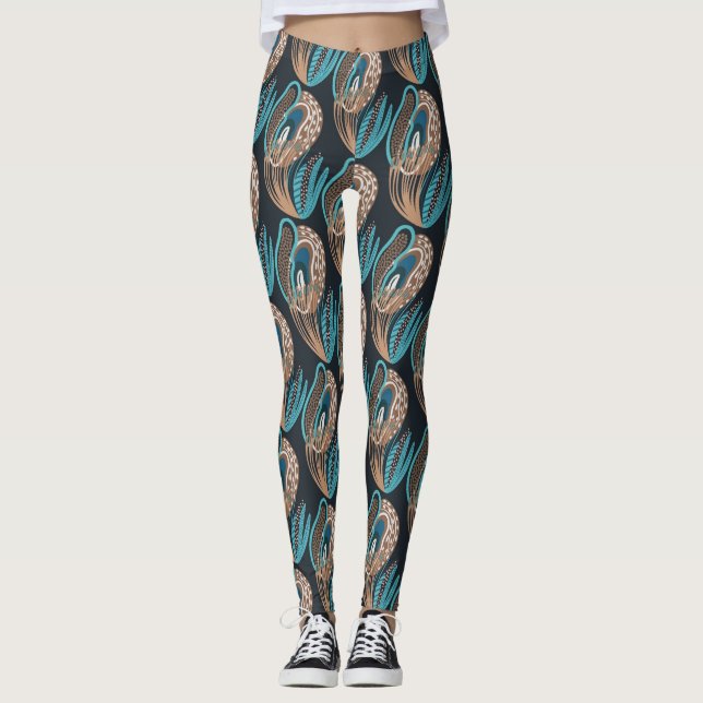Aqua/ Brown Peacock Women's Leggings (Front)