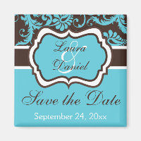 Aqua, Brown, White Damask Save the Date Magnet