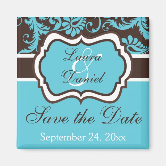 Aqua, Brown, White Damask Save the Date Magnet (Front)