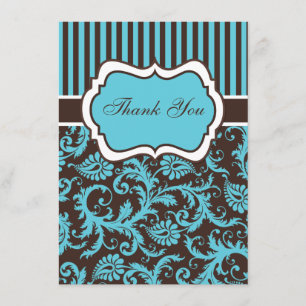 Aqua, Brown, White Damask Thank You Card