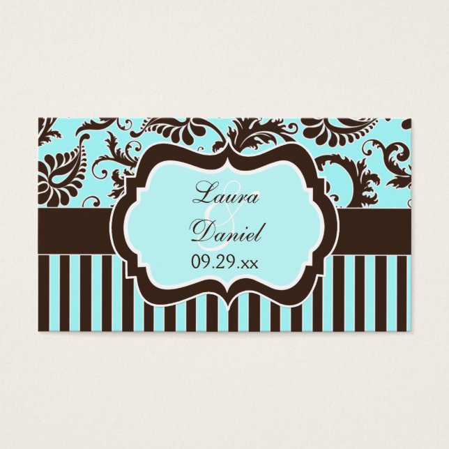 Aqua, Brown, White Stripe Damask Wedding Favour Ta (Front)