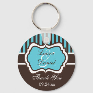 Aqua, Brown, White Striped Wedding Favor Key Ring