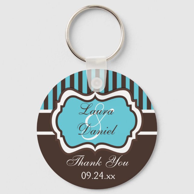Aqua, Brown, White Striped Wedding Favor Key Ring (Front)
