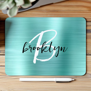 Aqua Brushed Metal Black White Script Monogram  Mouse Pad