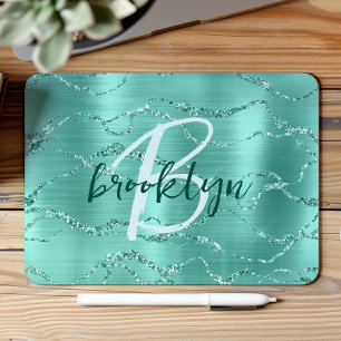Aqua Brushed Metal Glitter Script Monogram Mouse Pad
