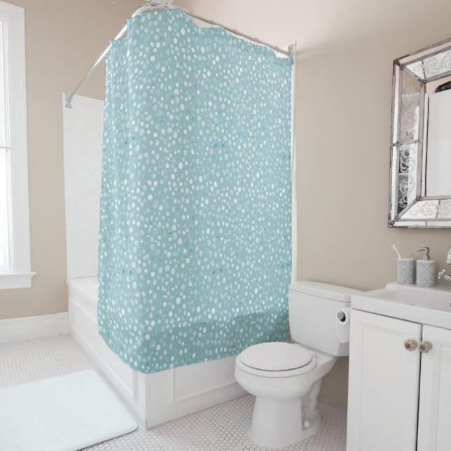 Aqua Bubble Dot Playful Kids Bathroom Decor Shower Curtain (In Situ)